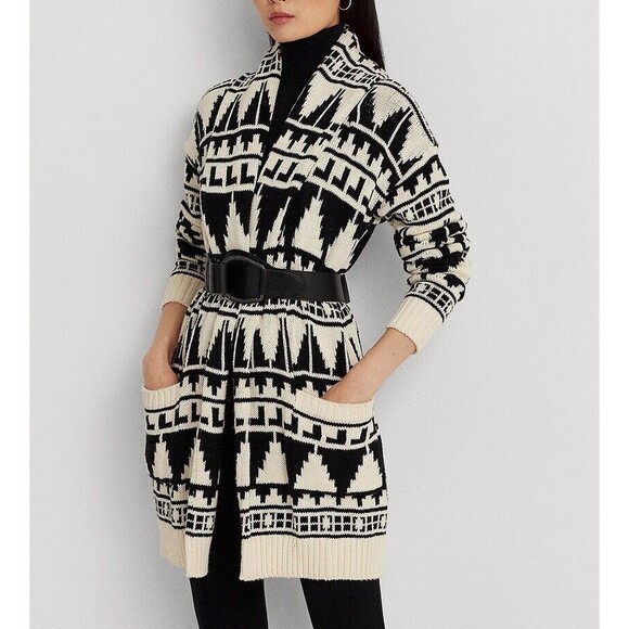 Lauren Ralph Lauren Geo-Motif 100% Cotton Shawl Collar Women’s Cardigan XXL Boho - Picture 1 of 16